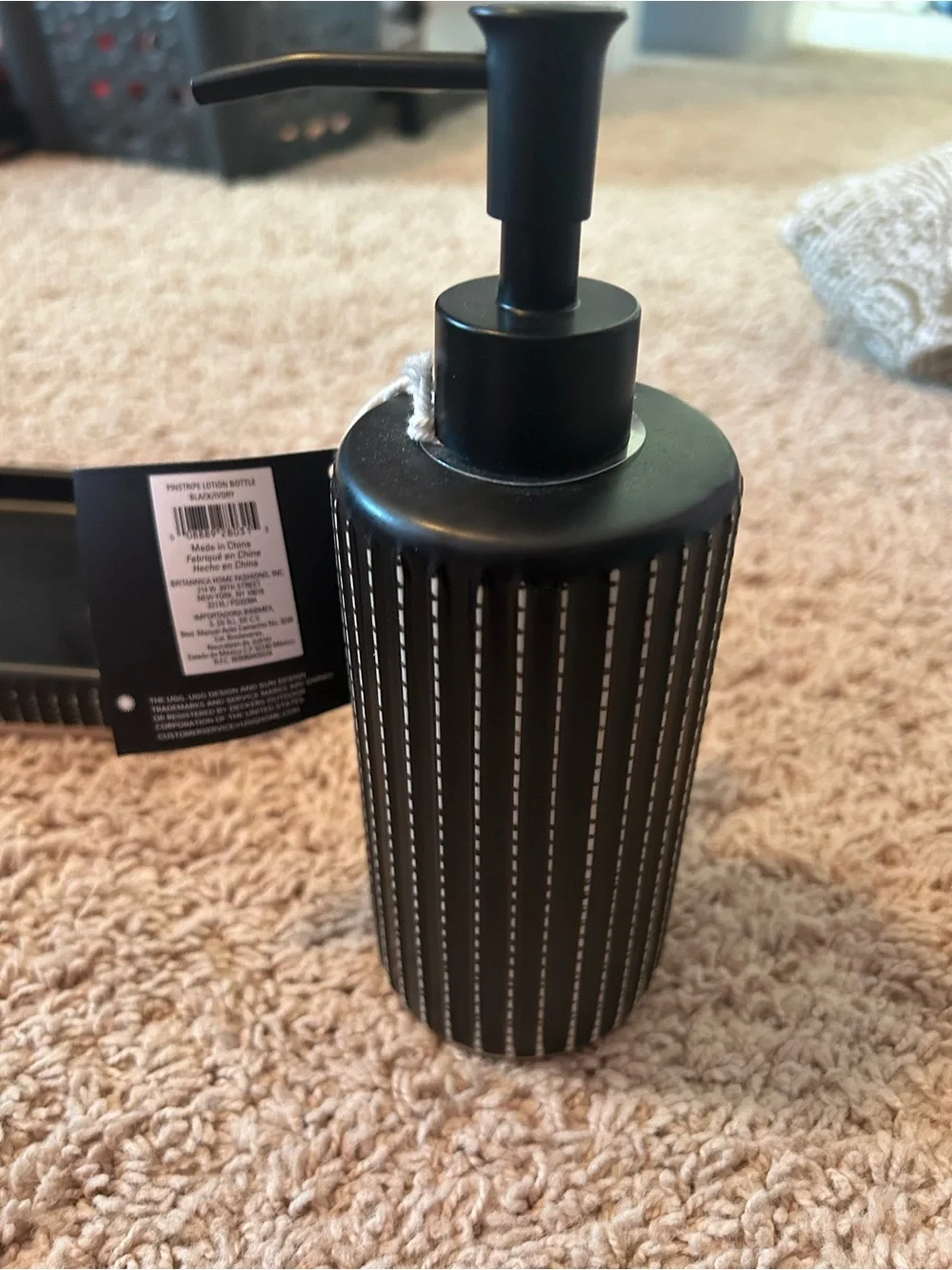 UGG Black and White Pinstripe Bath Vanity, trashcan, and curtain Set